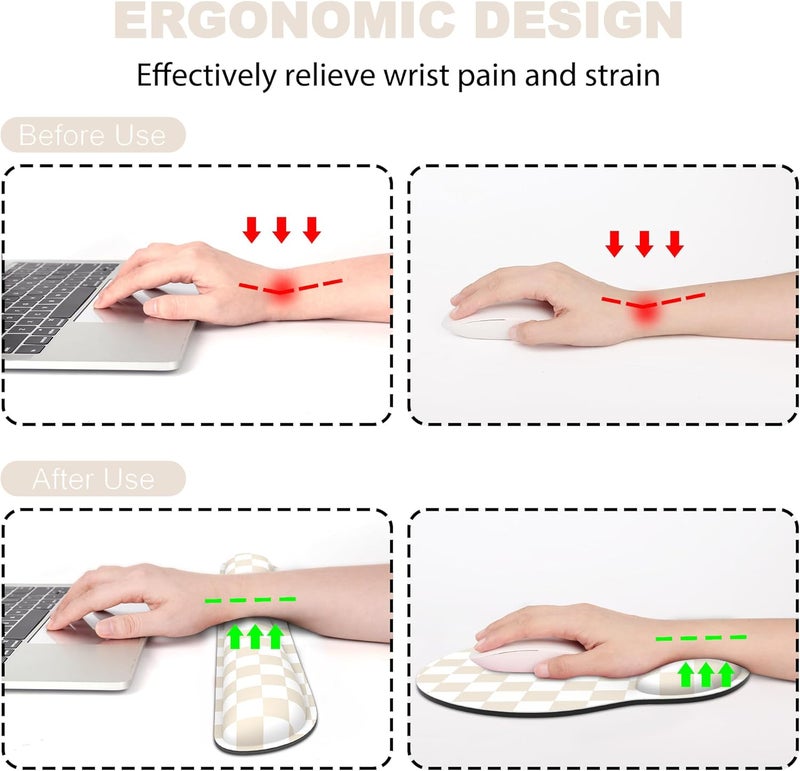 JIGOO Ergonomic Mouse Pad with Wrist Rest and Keyboard Wrist Rest, Mousepad and Keyboard Pad, Non-Slip Rubber Base, Pain Relief, Mouse Pad with Wrist Support for Gaming, Computer, Office, Beige Checkered - Image 2